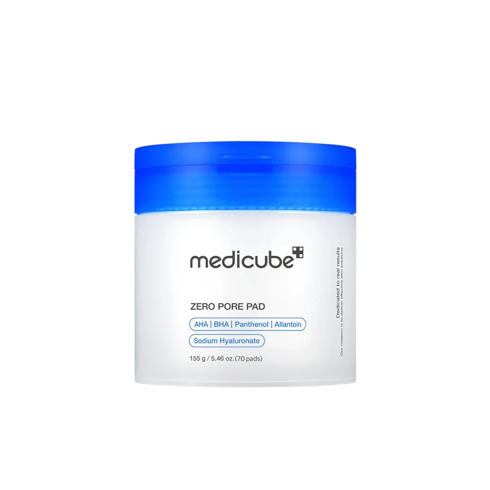 Medicube Zero Pore Pads in a white jar with a blue lid
